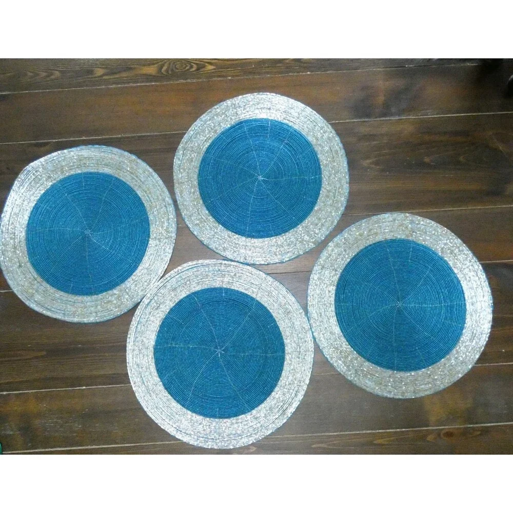 Handmade Heavily Beaded Charger Round Placemats Silver & Teal 13